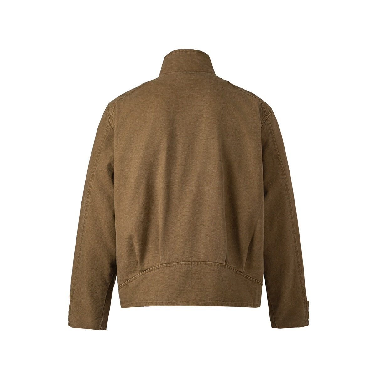 Back view of a brown jacket with a stand collar, long sleeves, and a curved lower seam.