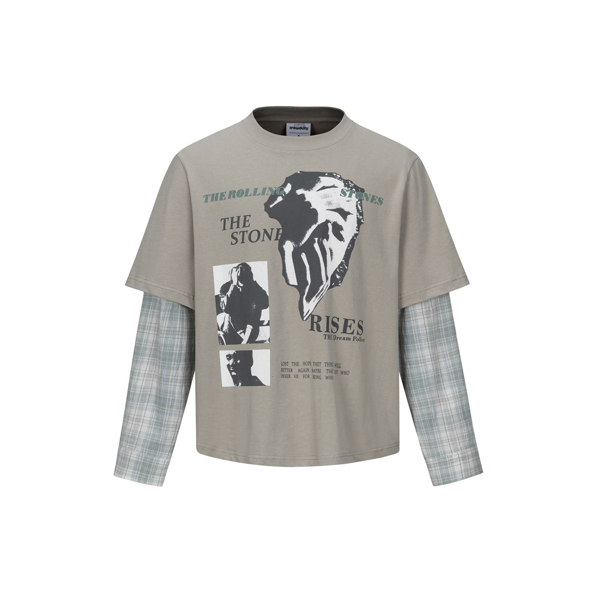 Gray-green layered-look tee with pale green plaid long sleeves and a large black-and-white portrait graphic print
