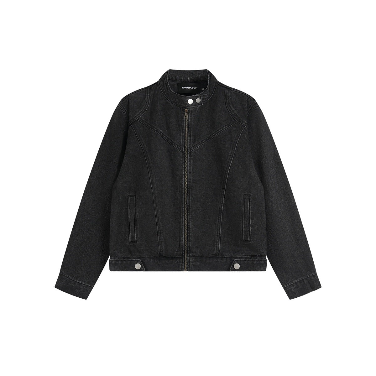 Black washed denim jacket flat lay with stand collar, front zipper, chest seams, welt pockets and snap waist tabs