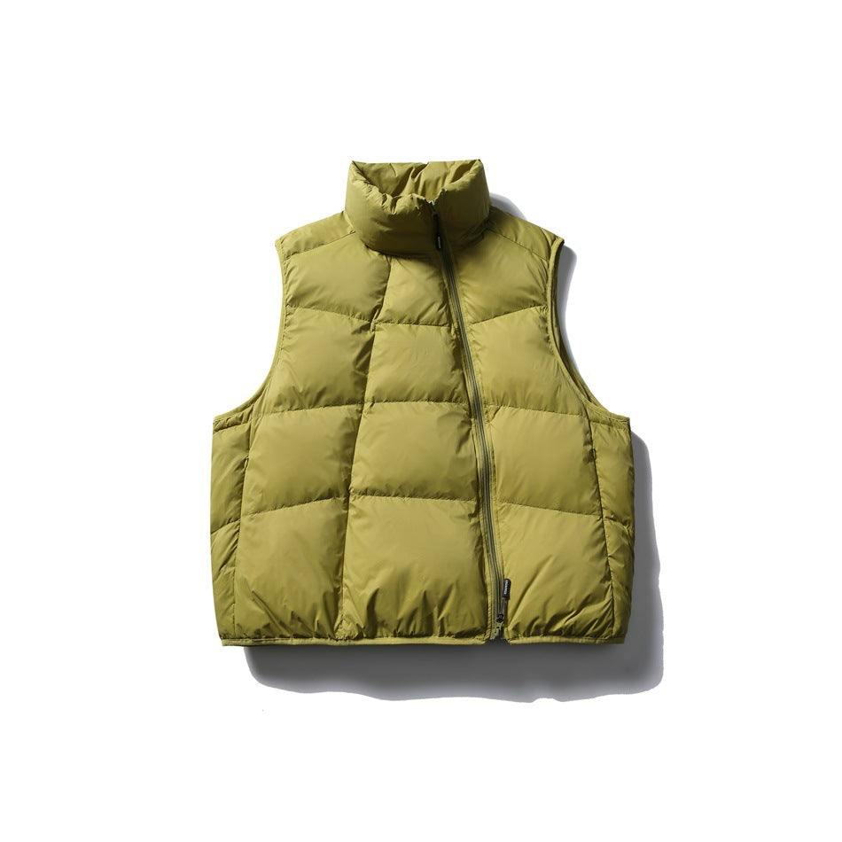 Fruit green quilted stand-collar puffer vest with diagonal front zipper, flat lay on white background