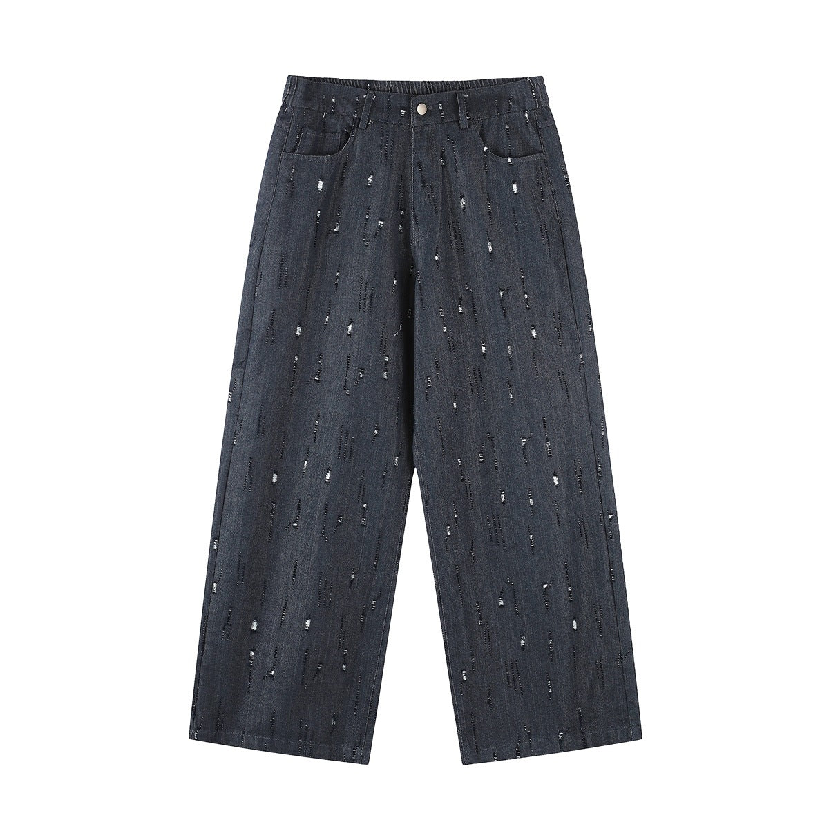 Dark navy wide-leg pants with button closure and scattered vertical distressed slits, front flat view