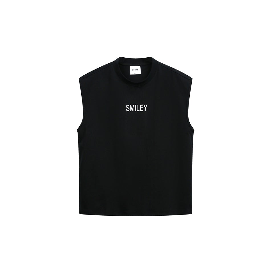 Black sleeveless crew-neck top with small white SMILEY print at center chest, flat front view