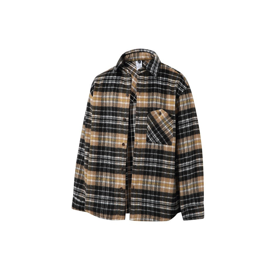 Front view of a black, tan, and white plaid button-front shirt with a single chest pocket.