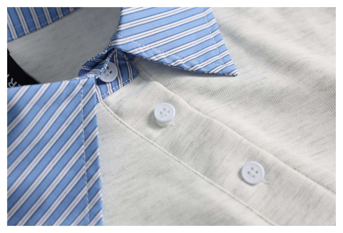 Close-up of the blue striped collar and white-button placket on an off-white polo shirt.