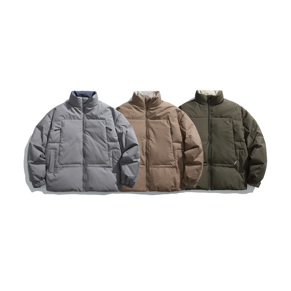 Three padded jackets with high collars and front zippers in gray, taupe, and dark olive.