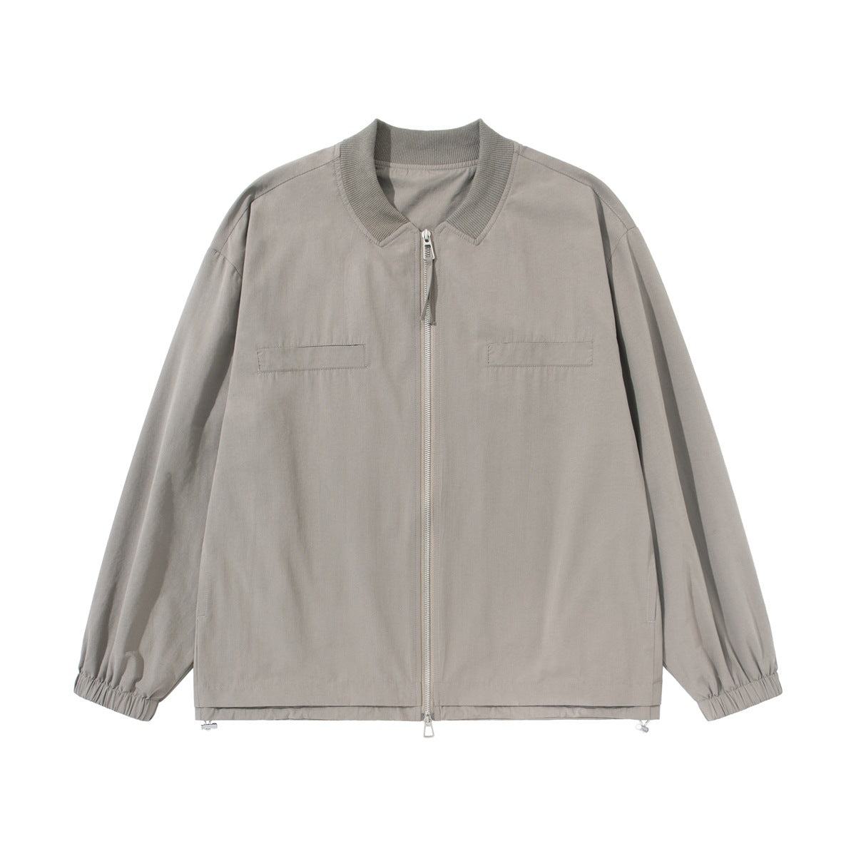 Khaki gray zip-front jacket with ribbed stand collar, chest flap pockets, elastic cuffs and drawcord hem, flat front view
