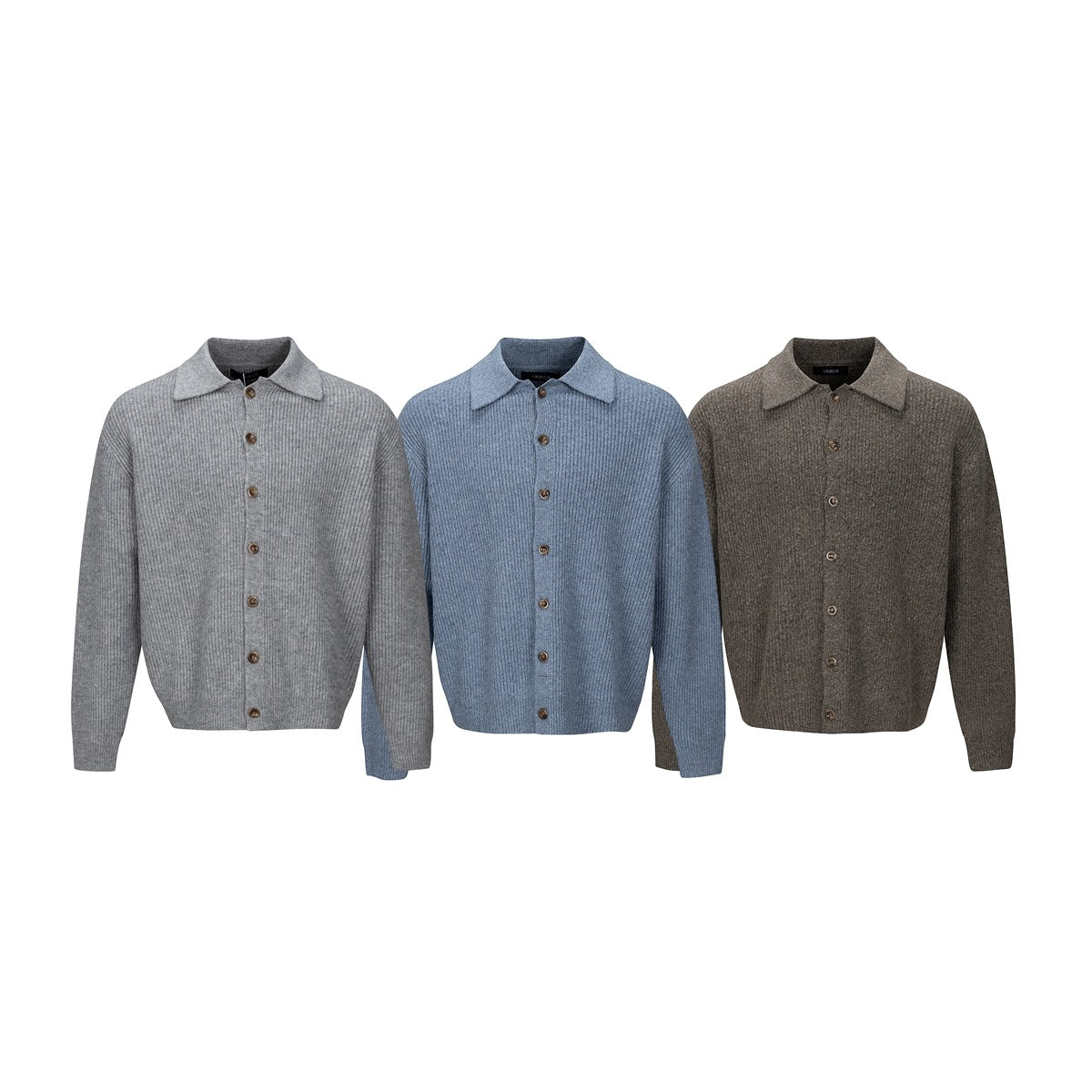 Three button-front knit cardigans with collars shown in light gray, blue, and dark taupe.