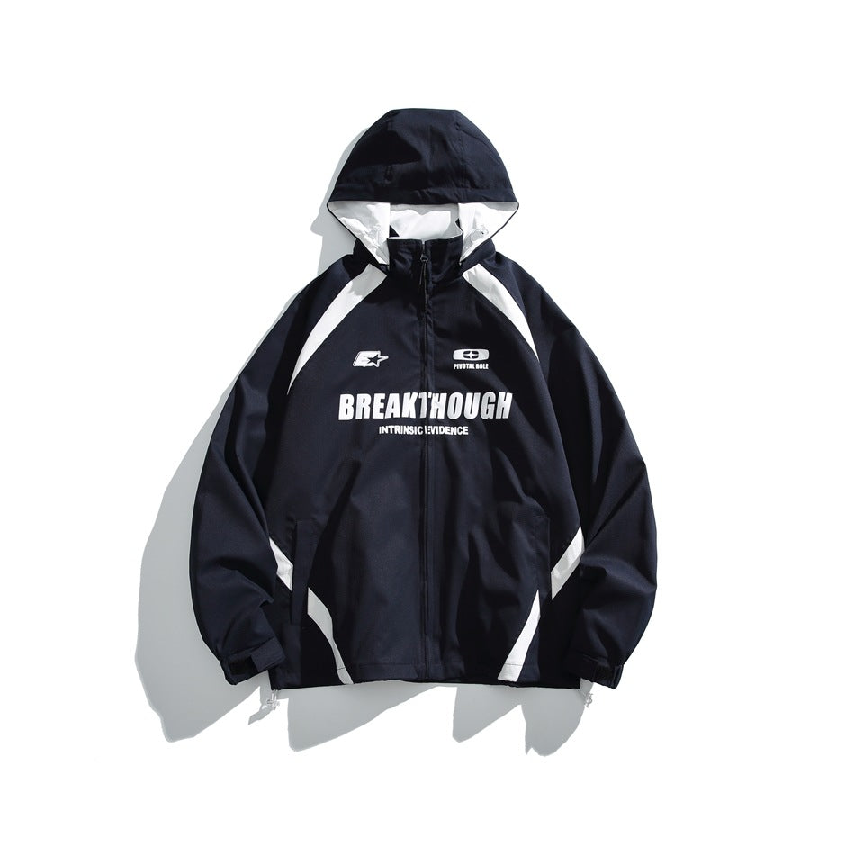 Front view of a navy hooded zip-up jacket with white shoulder and side accents and printed English lettering.