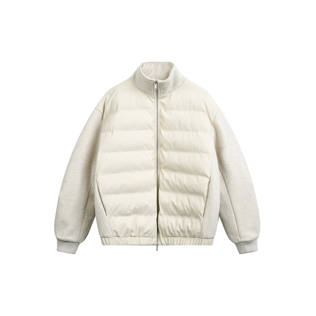Off-white stand-collar zip jacket with quilted puffy front panels and textured sleeves, flat front view