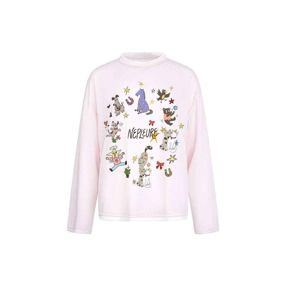 Pink long-sleeve crew-neck top with white layered trim and colorful cartoon animal and star print on front