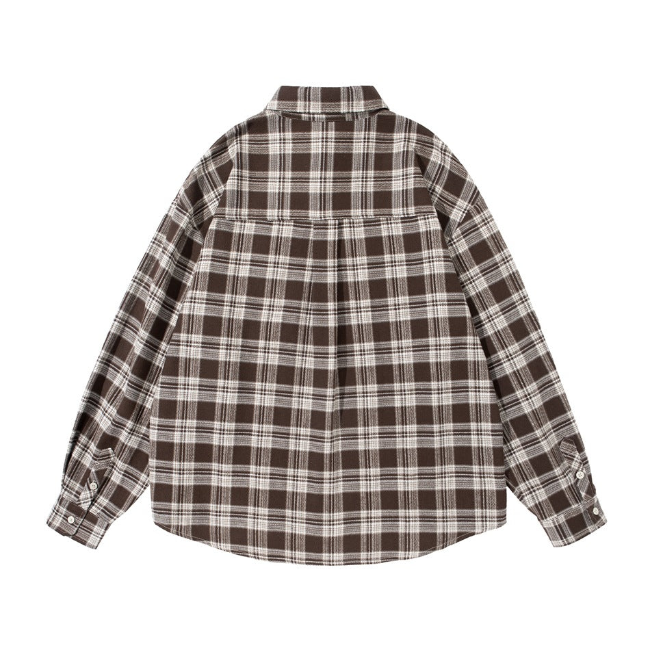 Back view of a brown and cream plaid long-sleeve shirt with a center pleat and button cuffs.