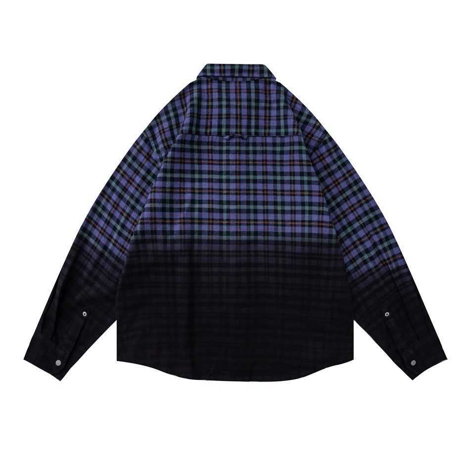 Back view of purple-blue plaid long-sleeve shirt with black gradient fade, back yoke and buttoned cuffs