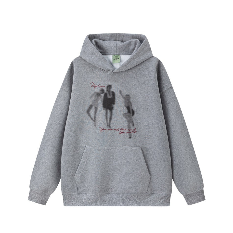 Heather gray pullover hoodie with front pocket and a blurred three-figure graphic with burgundy script text
