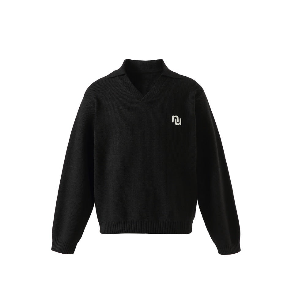 Black ribbed knit V-neck collared pullover sweater, front view, with a small white embroidered logo on the chest