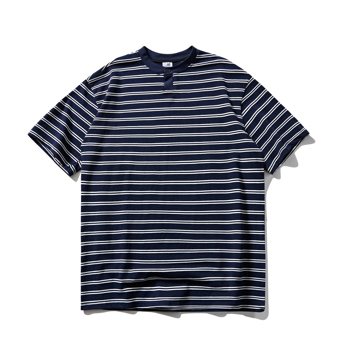 Navy short-sleeve Henley T-shirt with white double stripes, flat lay front view