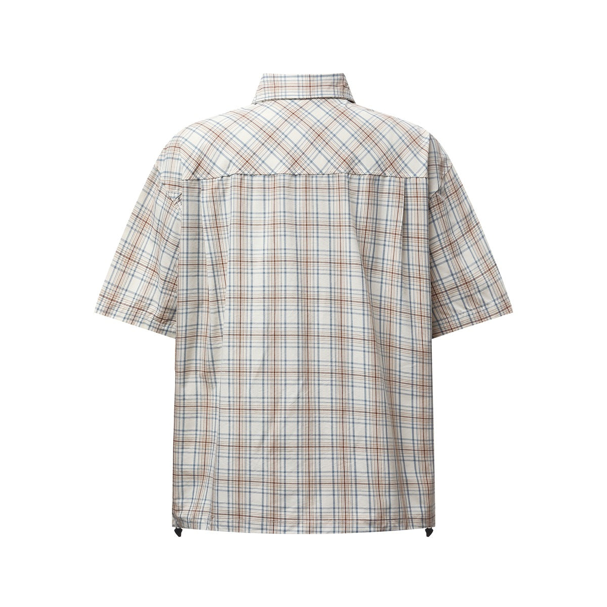 Back view of a cream plaid short-sleeve shirt with a yoke and straight hem.