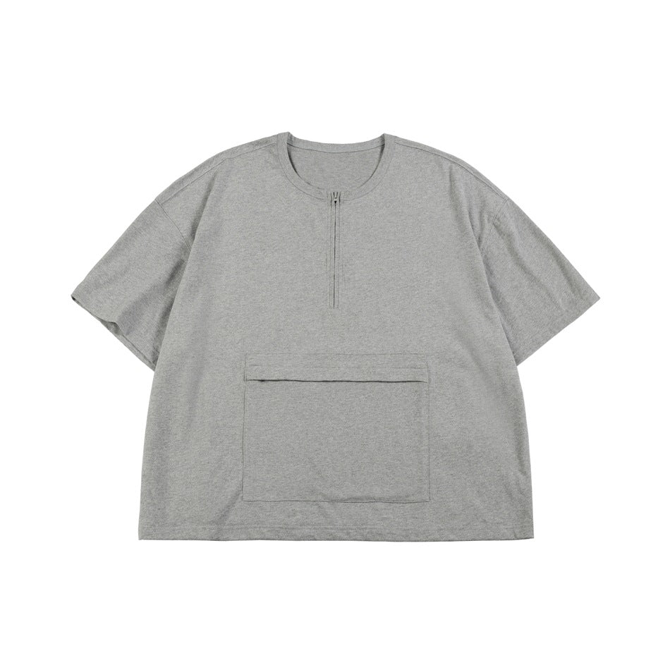 Gray short-sleeve T-shirt flat lay with half-zip neckline and large front pouch pocket