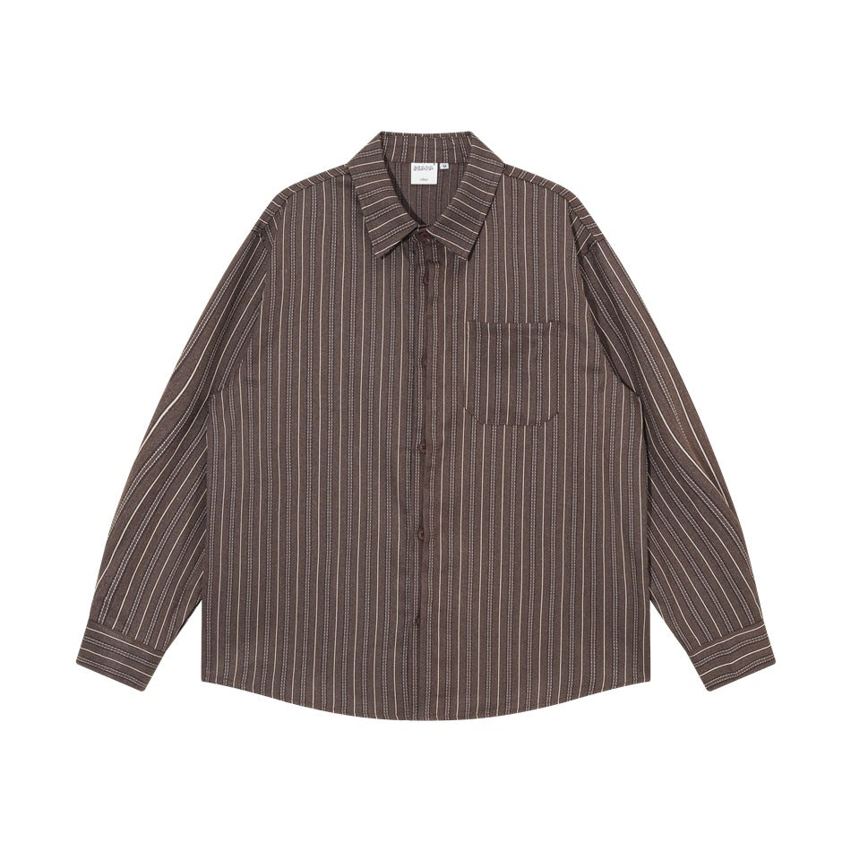 Brown striped long-sleeve button-up shirt with chest pocket, flat front view