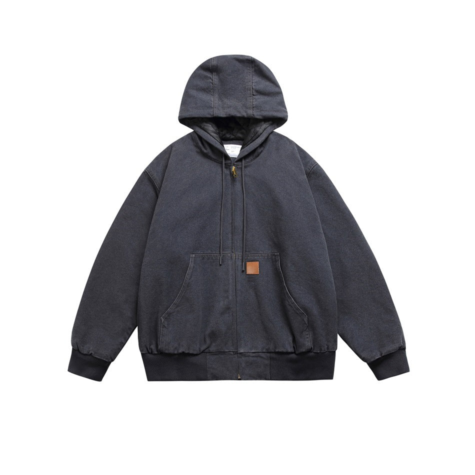Charcoal-gray washed hooded zip jacket, front view, with drawstring hood, kangaroo pocket and ribbed cuffs and hem