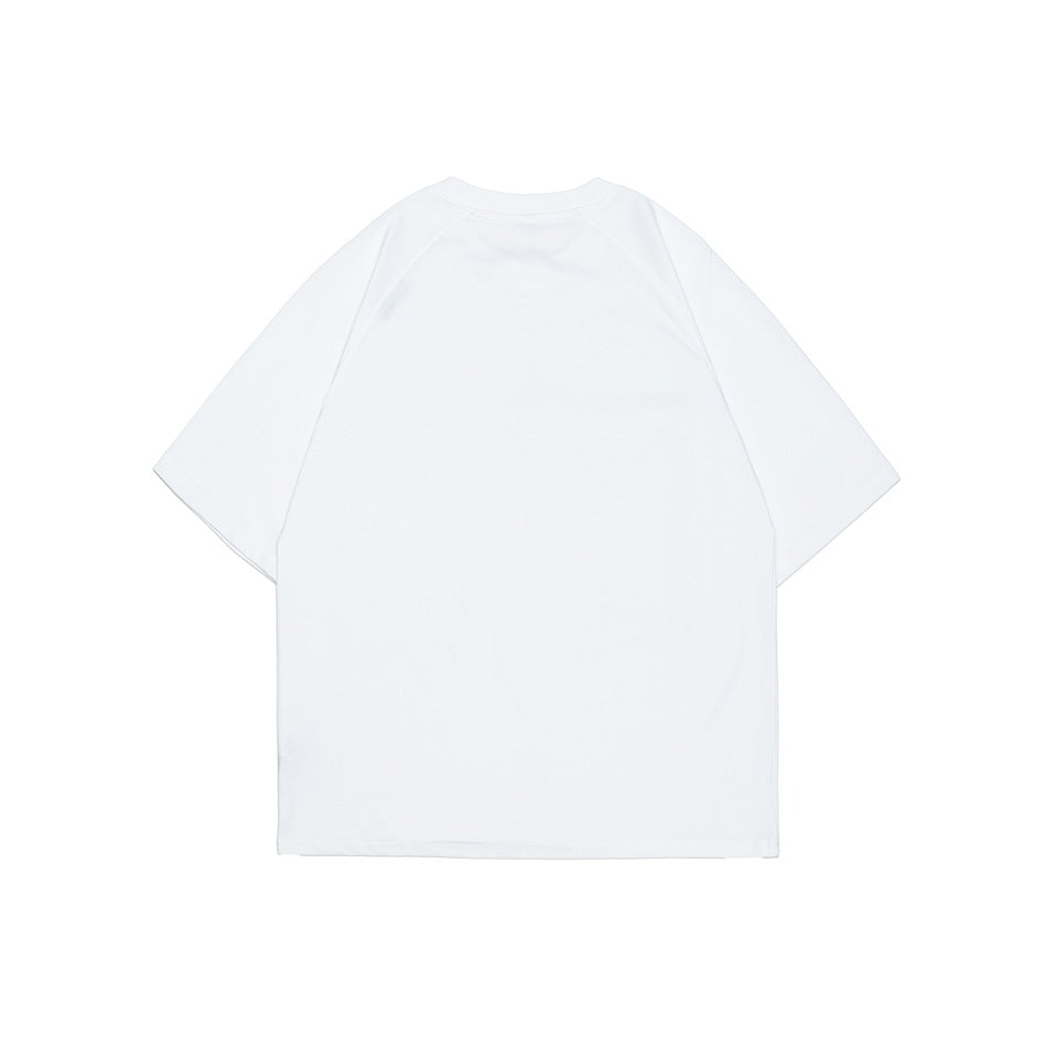 White short-sleeve crew-neck raglan T-shirt, flat back view with plain back