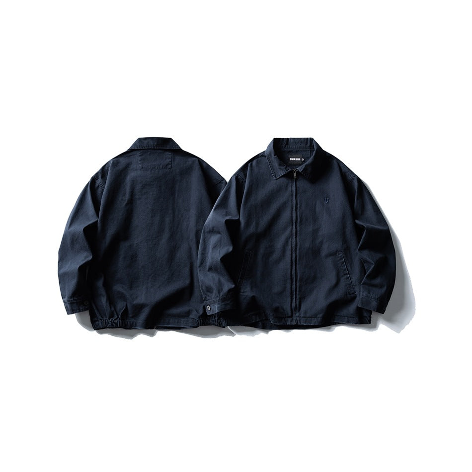 Dark navy collared zip jacket shown flat from the front and back, with side pockets and gathered hem.