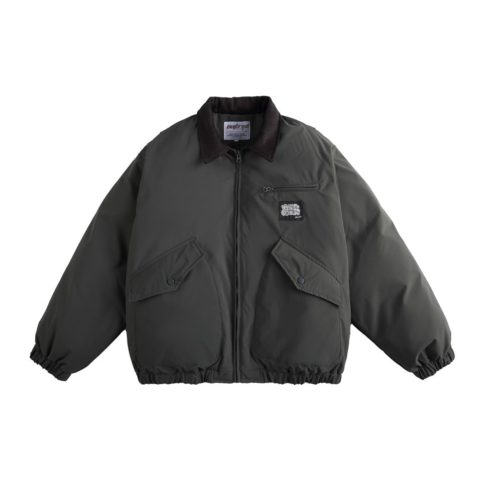Gray-green zip-front jacket with dark corduroy-style collar, large flap pockets, chest zip pocket and elastic hem, flat view