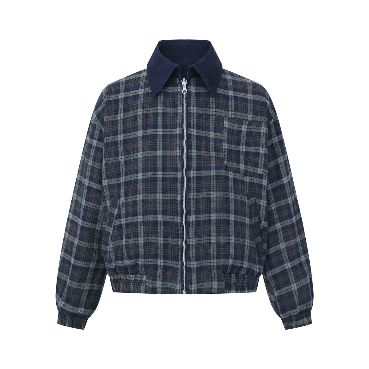 Front view of a dark blue and gray plaid jacket with a navy collar, center zipper, chest pocket, and elasticated cuffs and