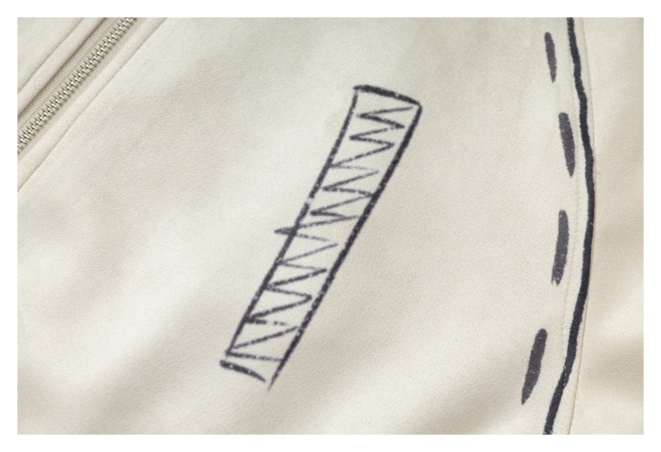 Close-up of a dark hand-drawn geometric graphic on the cream jacket beside a curved dashed line.