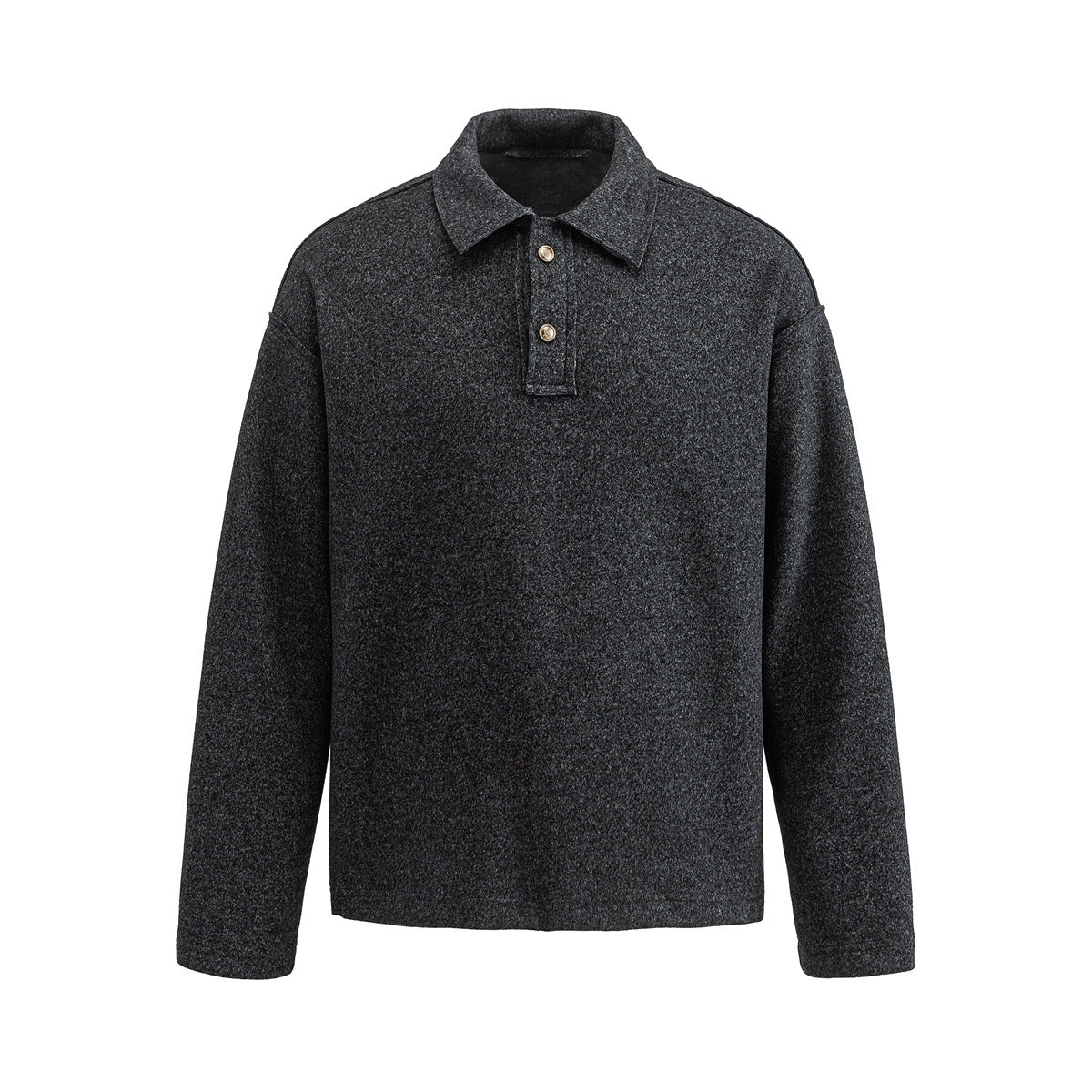 Dark charcoal gray heathered long-sleeve polo-collar pullover with two gold-tone buttons, front view on white