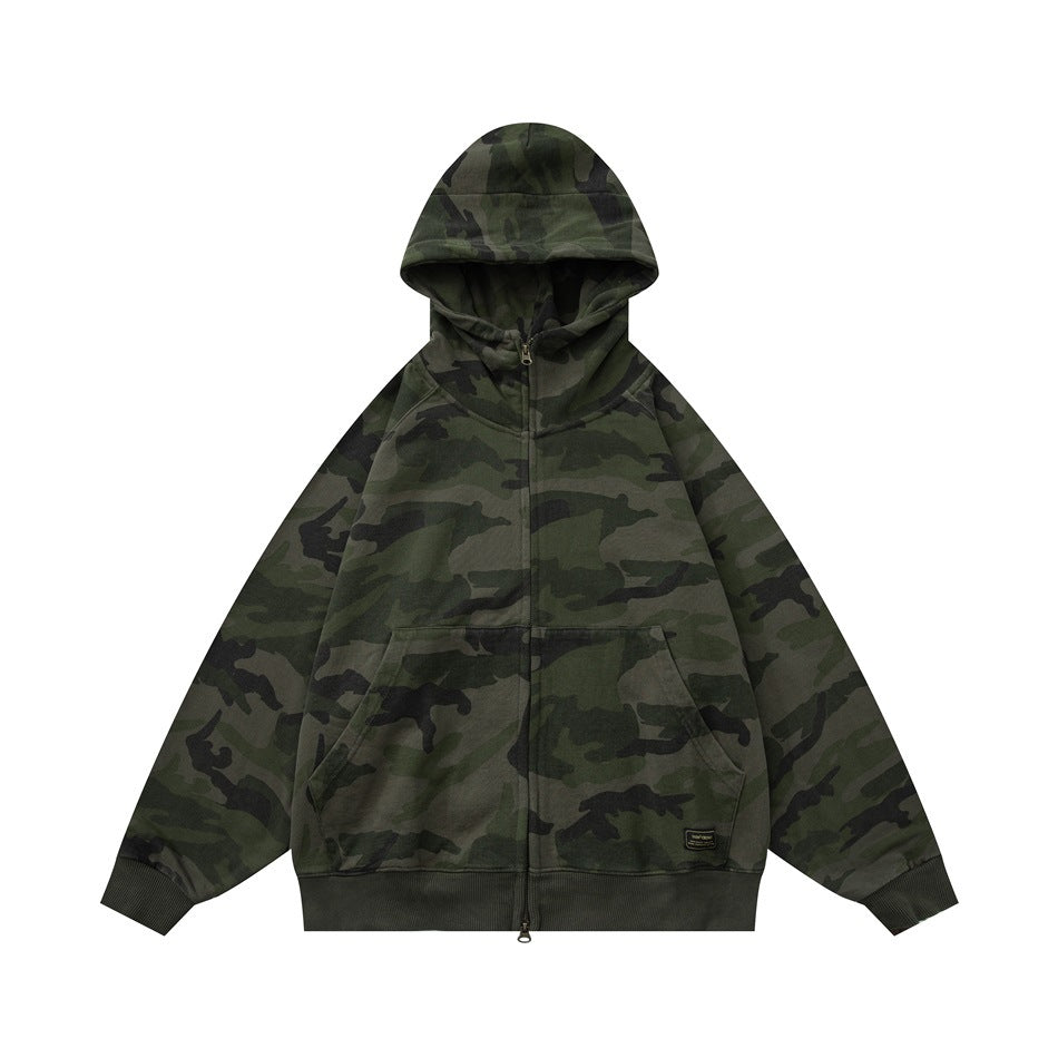 Olive green camouflage zip-up hooded jacket, front view, with front pocket and ribbed cuffs and hem