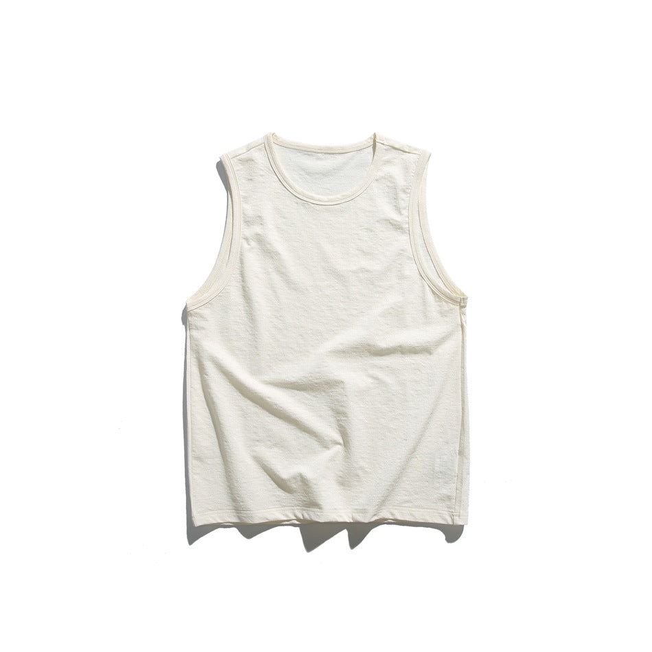 Off-white sleeveless crew-neck tank top flat lay with binding at neckline and armholes