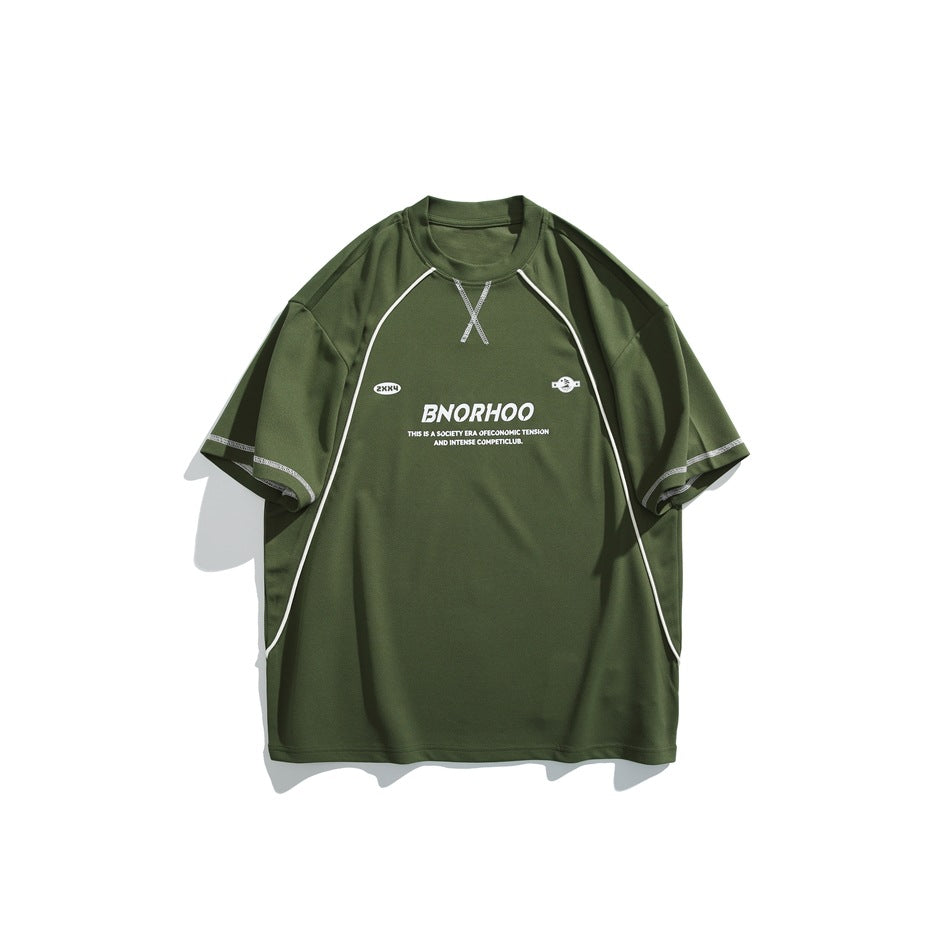 Green short-sleeve crew-neck T-shirt with white piping, contrast stitching and white chest print, flat view