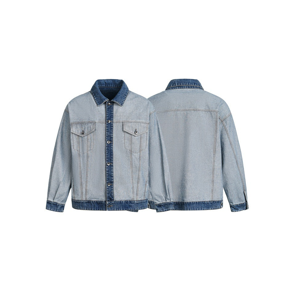 Light-wash denim jacket shown from the front and back, with dark denim collar, placket, cuffs and hem.