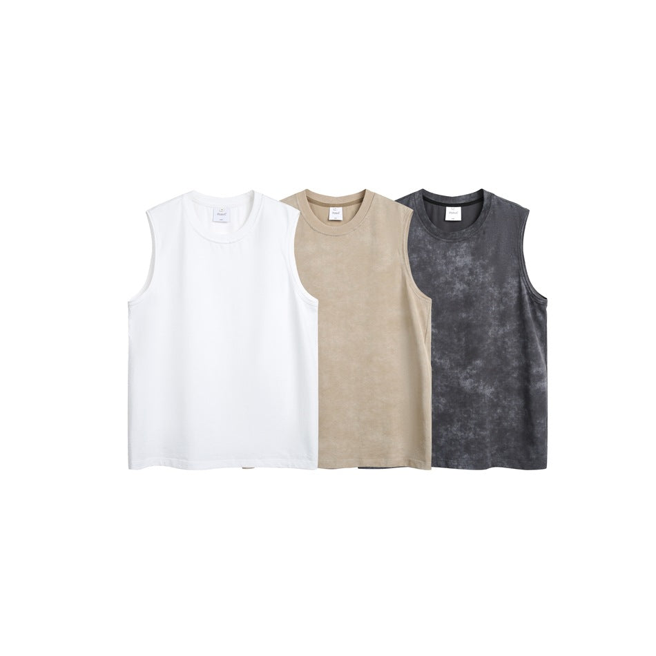 Three sleeveless crew-neck tops shown together in white, beige, and mottled charcoal gray.