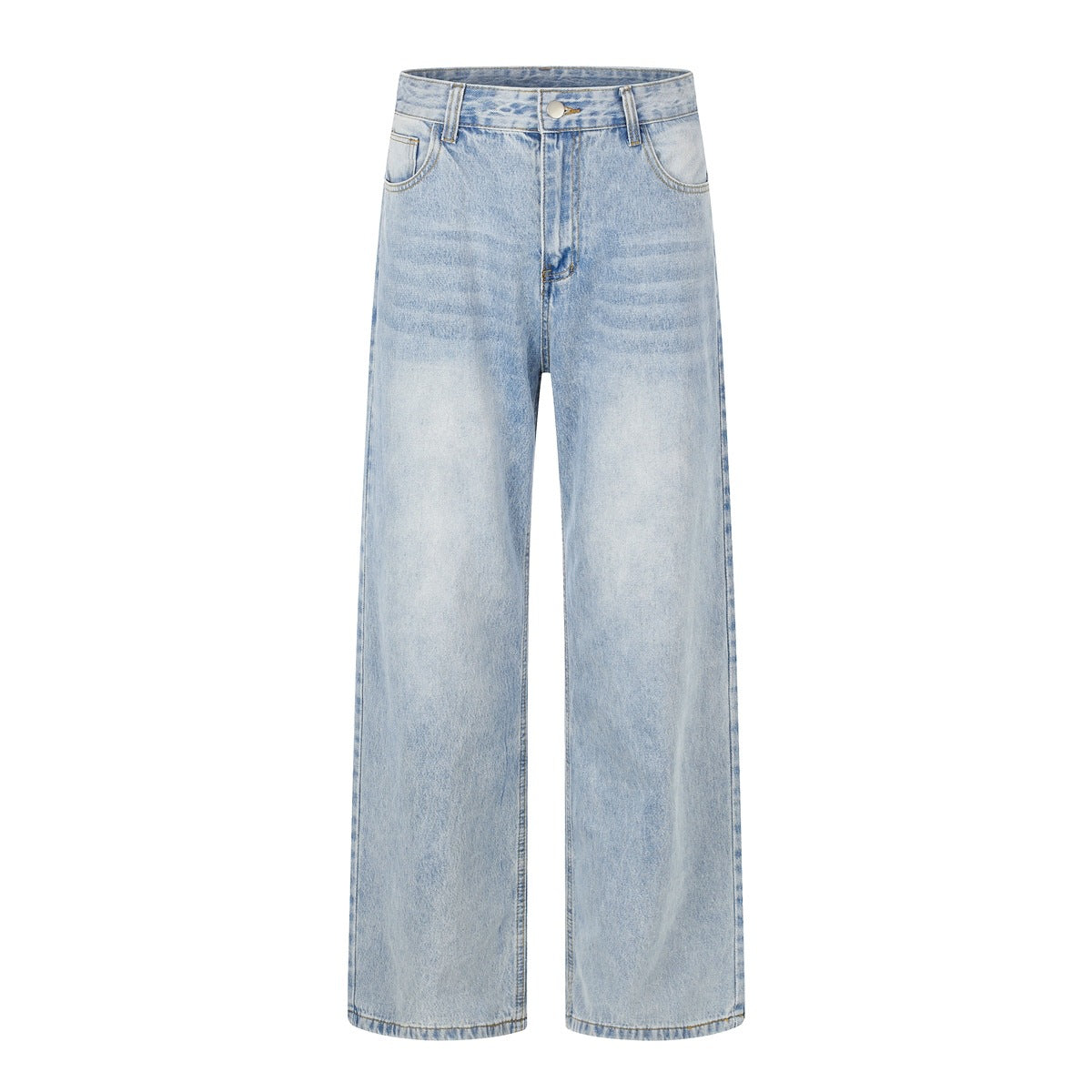 Light blue washed wide-leg men's jeans, front flat view with button fly, belt loops and faded whiskering