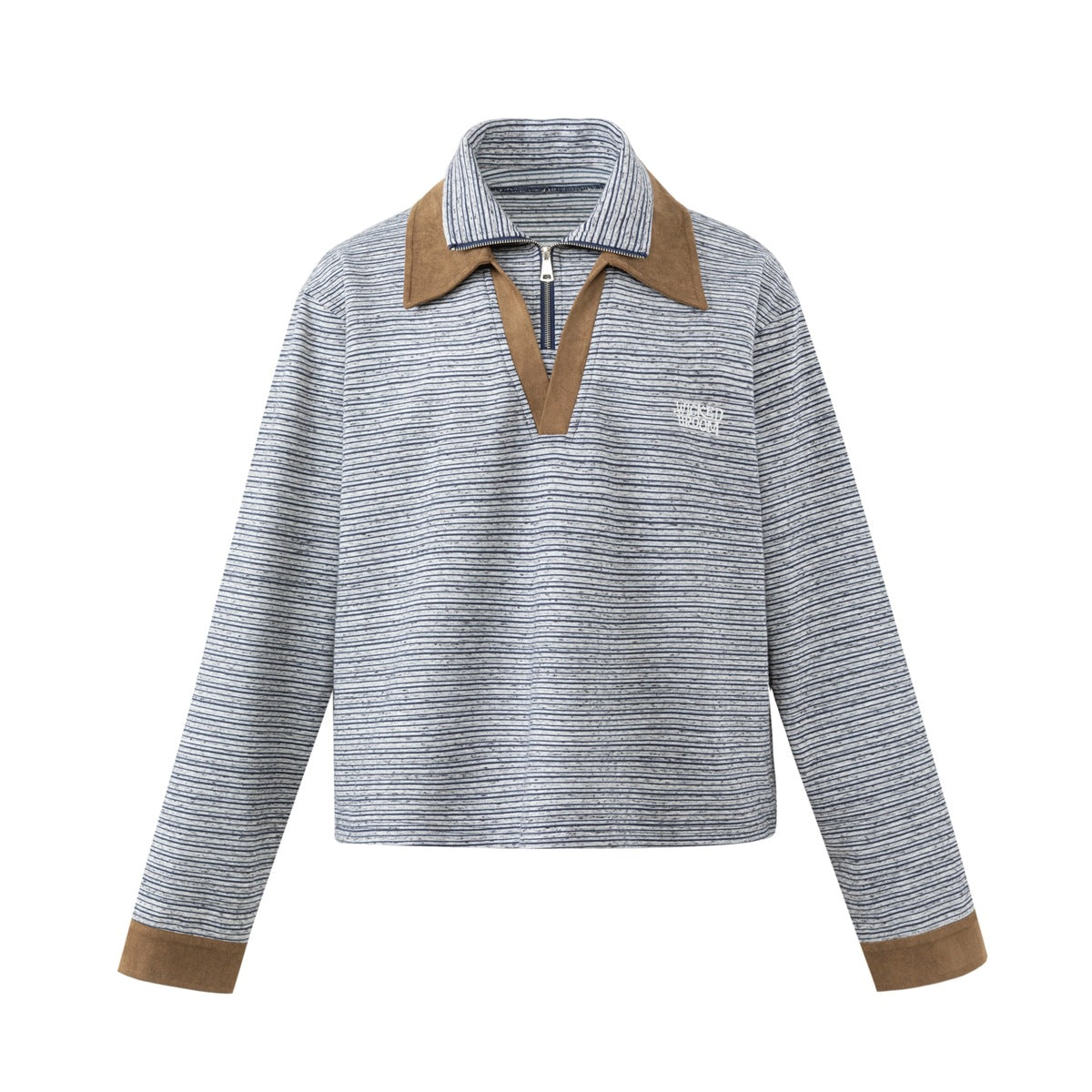 Gray-blue striped long-sleeve half-zip polo top with brown suede-look collar and cuffs, flat front view