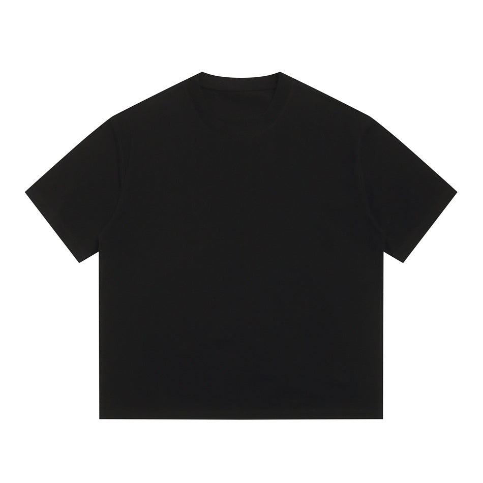Black short-sleeve crew neck T-shirt, flat front view on a white background