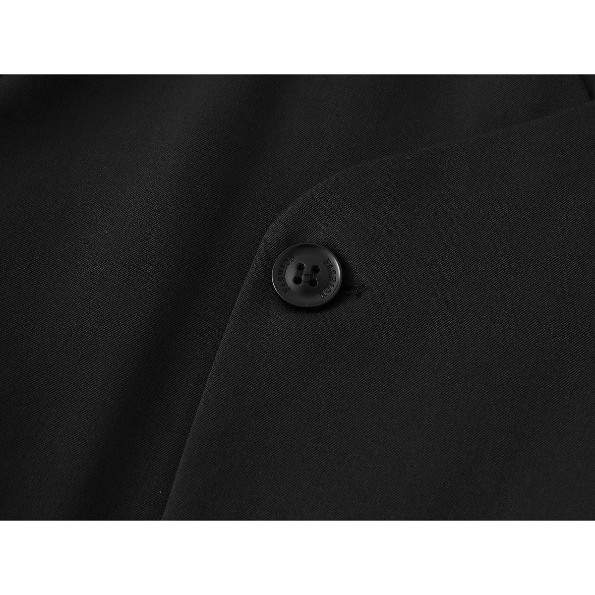 Close-up of a black jacket button and overlapping front panels; the button has small embossed lettering.