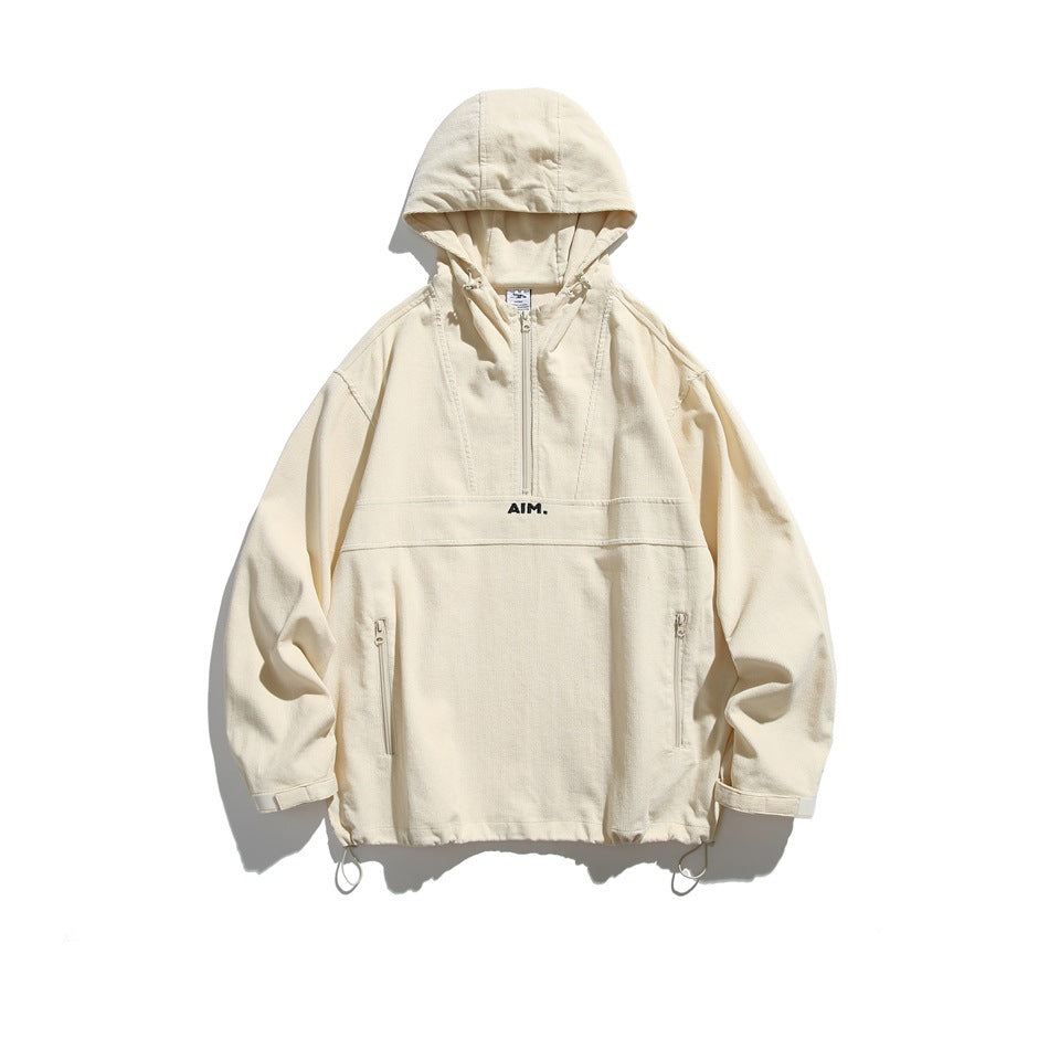 Beige hooded half-zip pullover jacket with chest seam, zip pockets and drawcord hem, flat lay front view