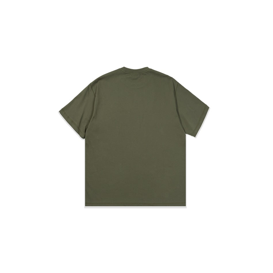 Back view of an olive-green short-sleeve crew-neck T-shirt on a white background.