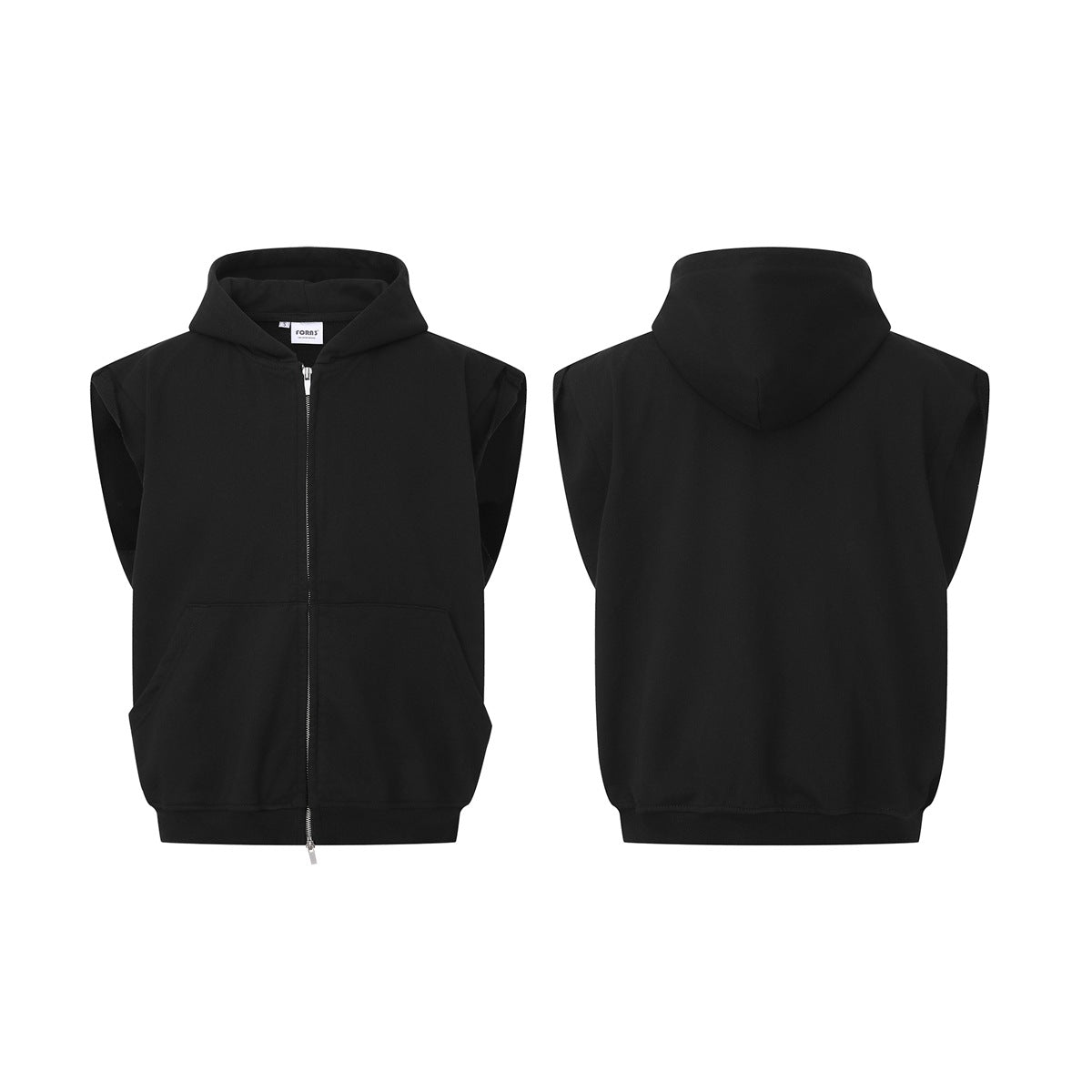 Black sleeveless zip hoodie shown from the front and back, with a hood, front pockets, and ribbed hem.