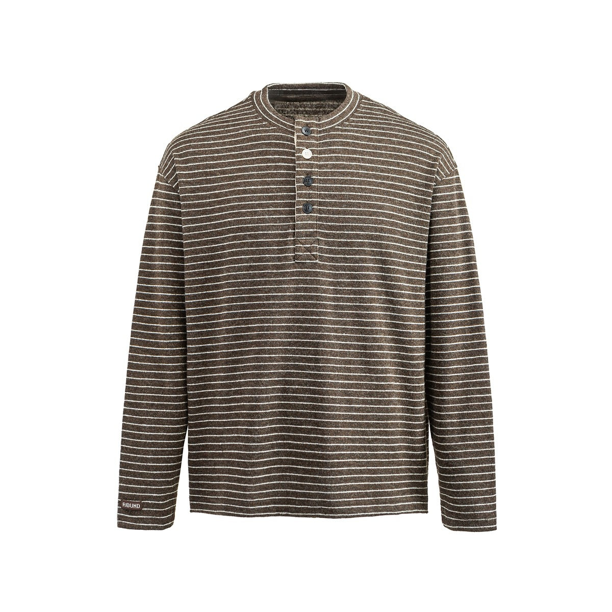 Dark brown striped long-sleeve Henley top with cream stripes and button placket, front view