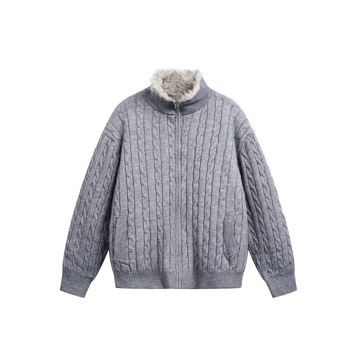 Light gray cable-knit zip jacket with stand collar, plush collar lining and ribbed front pockets, front view