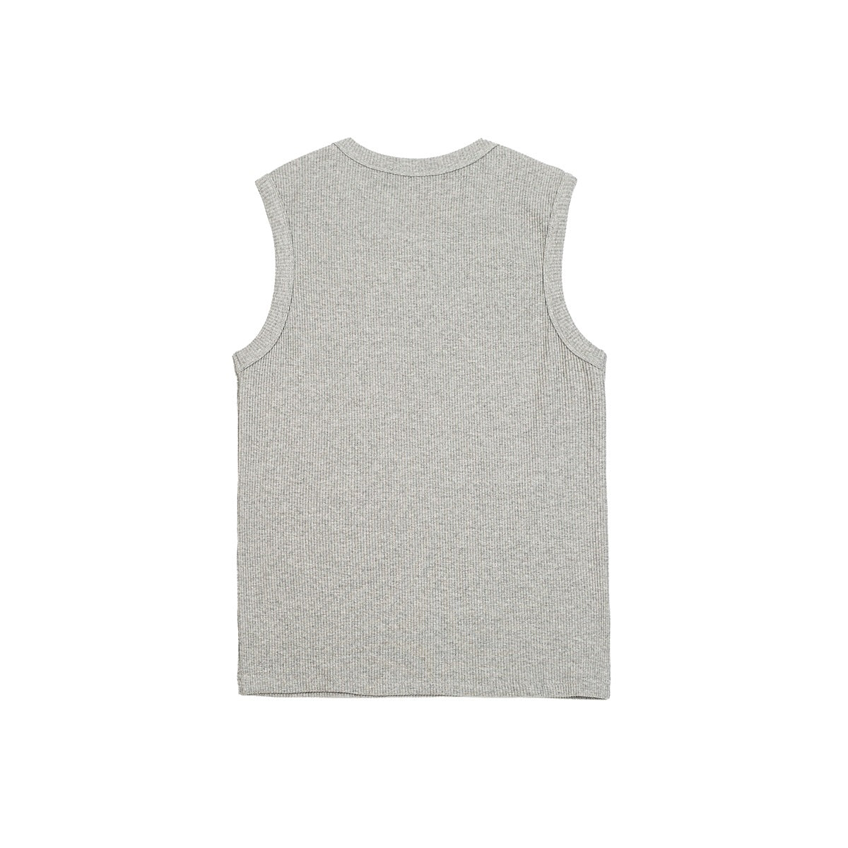 Back view of a plain heather-gray sleeveless ribbed tank top, laid flat.