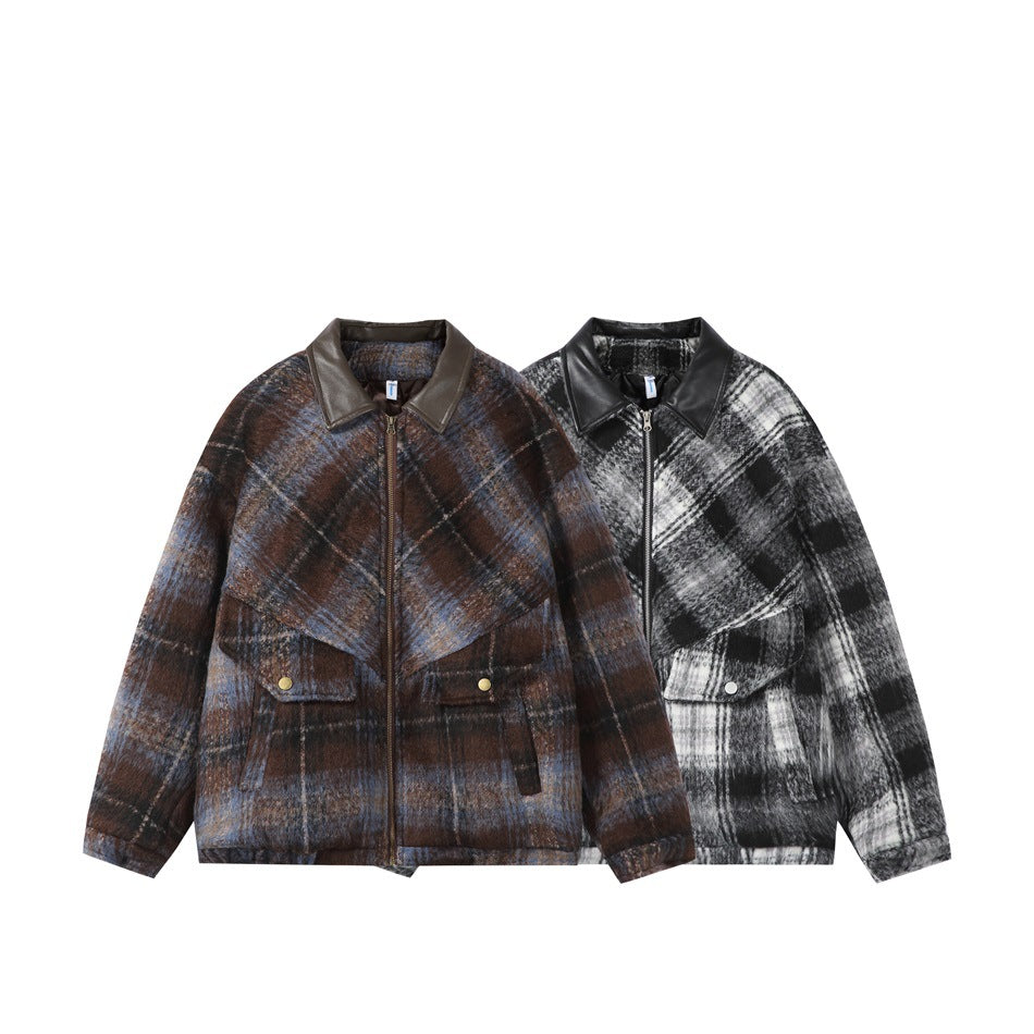 Two plaid zip-front jackets shown together: one brown and blue, the other black, gray, and white.