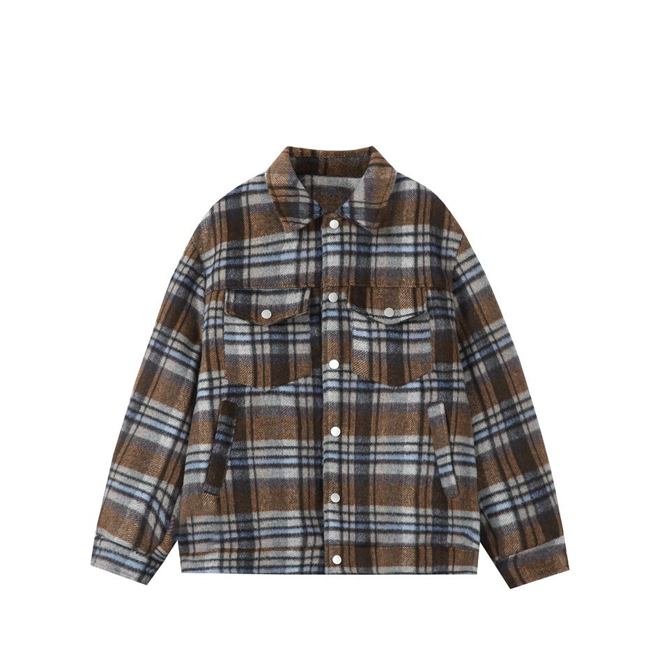 Blue and brown plaid collared jacket with snap buttons and flap pockets, flat front view