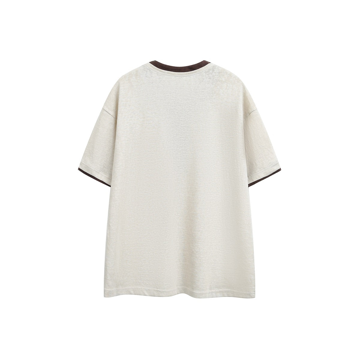 Beige-apricot short-sleeve T-shirt back view with brown neck trim and brown sleeve-hem trim