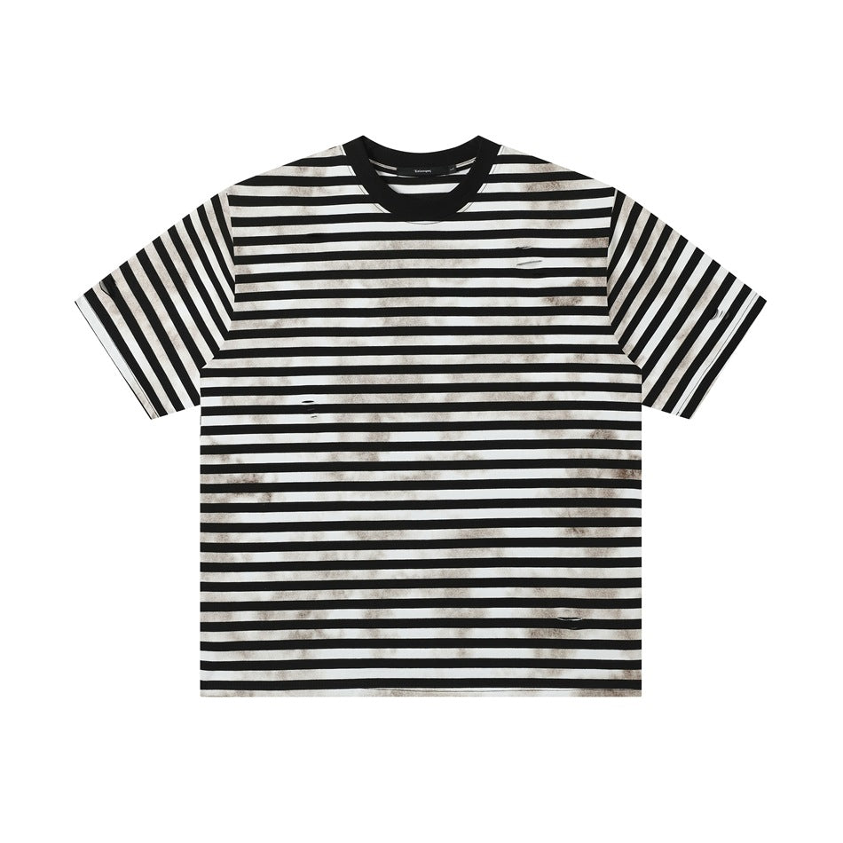 Black and white striped short-sleeve crew-neck T-shirt with smudged weathered effect and small holes, front flat lay