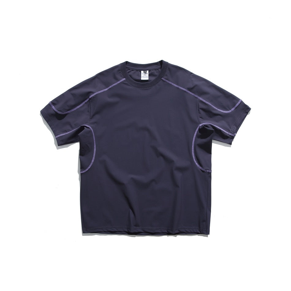 Dark purple-navy short-sleeve crew-neck T-shirt with purple contrast stitching on shoulders and side panels, front view