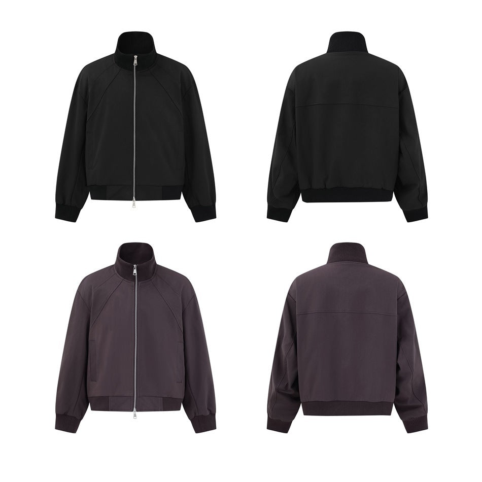 Front and back views of the black and wine red zip-front bomber jackets in a 2x2 grid